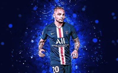 Layvin Kurzawa, 4k, season 2019-2020, french footballers, defender, PSG, neon lights, Kurzawa, soccer, Ligue 1, football, Paris Saint-Germain