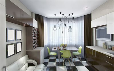 cucina moderna di design, interni eleganti, la cucina, il pavimento a scacchi in cucina, progetto di cucina