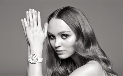 Lily Rose Depp, American actress, fashion model, portrait, photoshoot, monochrome, Lily-Rose Melody Depp