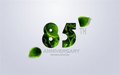 85th Anniversary sign, creative art, 85 Anniversary, green leaves, greeting card, 85 Years symbol, eco concepts, 85th Anniversary