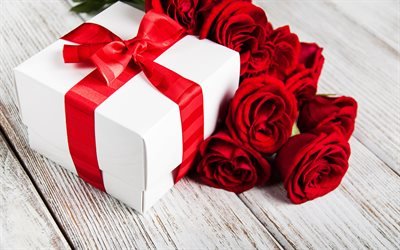 gift with red silk bow, white box gift, red roses, rose bouquet, romantic gift, February 14, Valentines Day