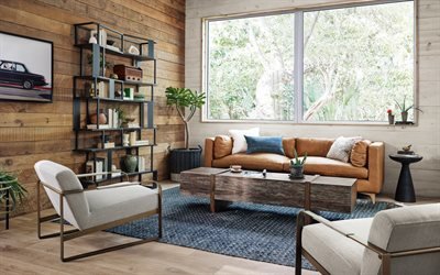 living room, stylish interior design, wooden boards on the wall, loft style, modern interior design