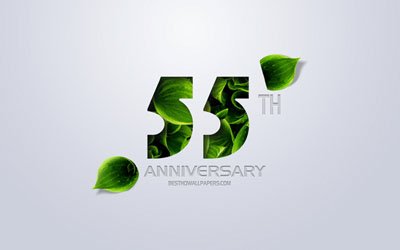 55th Anniversary sign, creative art, 55 Anniversary, green leaves, greeting card, 55 Years symbol, eco concepts, 55th Anniversary