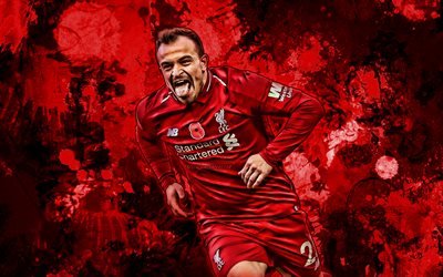 Xherdan Shaqiri, 2019, rojo gotas de pintura, Liverpool FC, Suiza futbolistas, grunge arte, de la Premier League, Inglaterra, Shaqiri, de f&#250;tbol, de LFC