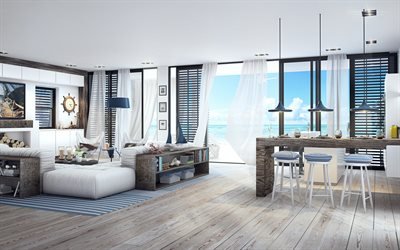 stylish living room interior, marine interior design, house by the sea, interior design
