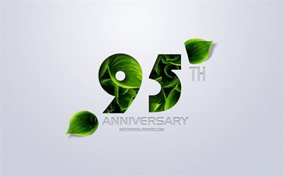 95th Anniversary sign, creative art, 95 Anniversary, green leaves, greeting card, 95 Years symbol, eco concepts, 95th Anniversary