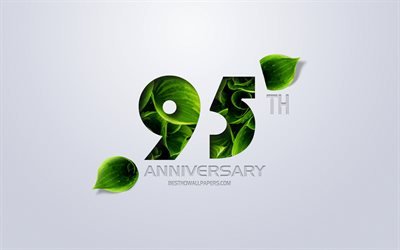 95&#186; Anivers&#225;rio sinal, arte criativa, Anivers&#225;rio de 95, folhas verdes, cart&#227;o de sauda&#231;&#227;o, 95 Anos de s&#237;mbolo, eco conceitos, 95 anos