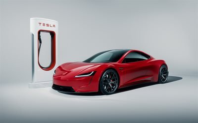 Tesla Roadster, 2020, ulkoa, n&#228;kym&#228; edest&#228;, uusi punainen, s&#228;hk&#246; superauto, Tesla