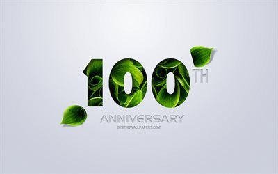100th Anniversary sign, creative art, 100 Anniversary, green leaves, greeting card, 100 Years symbol, eco concepts, 100th Anniversary