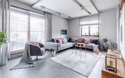 elegante grigio soggiorno di interni, arredamento di design, soggiorno, divano grigio
