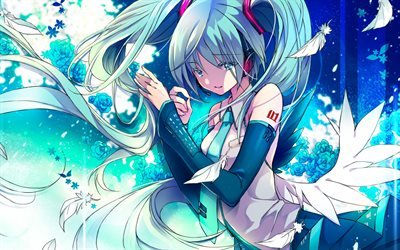 Hatsune Miku, Vocaloid Characters, white feathers, manga, Vocaloid, girl with blue hair, Miku Hatsune