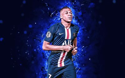 Kylianin Mbappe, 4k, kaudella 2019-2020, ranskalaiset jalkapalloilijat, eteenp&#228;in, PSG, neon valot, Mbappe, jalkapallo, League 1, Paris Saint-Germain