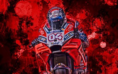 Andrea Dovizioso, red paint splashes, MotoGP, 2019 bikes, Ducati Desmosedici GP19, grunge art, racing bikes, Mission Winnow Ducati Team, Ducati