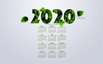 2020 Calend&#225;rio, arte criativa, folhas verdes, plano de fundo cinza, Calend&#225;rio para o ano de 2020, eco conceitos, Verde 2020 Calend&#225;rio