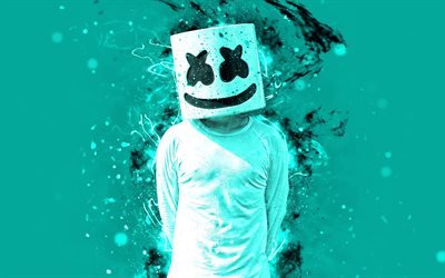 Marshmello, 4k, turquoise, violet neon, american DJ, stars de la musique, Christopher Comstock, Marshmello 4K, œuvres d&#39;art, de cr&#233;ation, superstars, fan art, DJ Marshmello, DJs