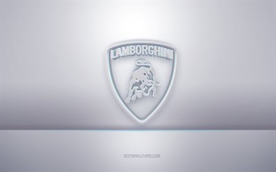 Lamborghini 3d vit logotyp, grå bakgrund, Lamborghini -logotyp, kreativ 3d -konst, Lamborghini, 3d -emblem