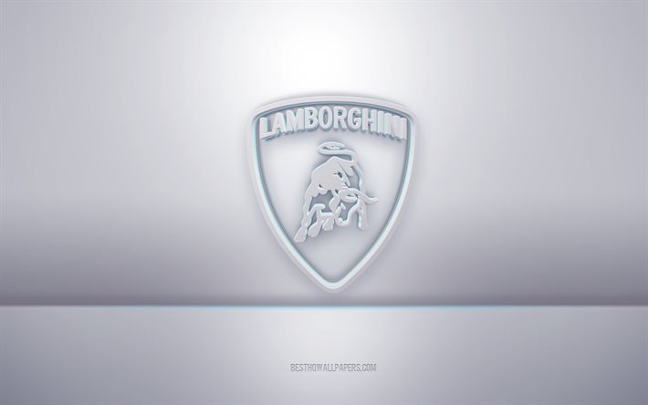 شعار لامبورغيني أبيض ثلاثي الأبعاد, خلفية رمادية, شعار لامبورغيني, الفن الإبداعي 3D, لامبورغيني, 3d شعار