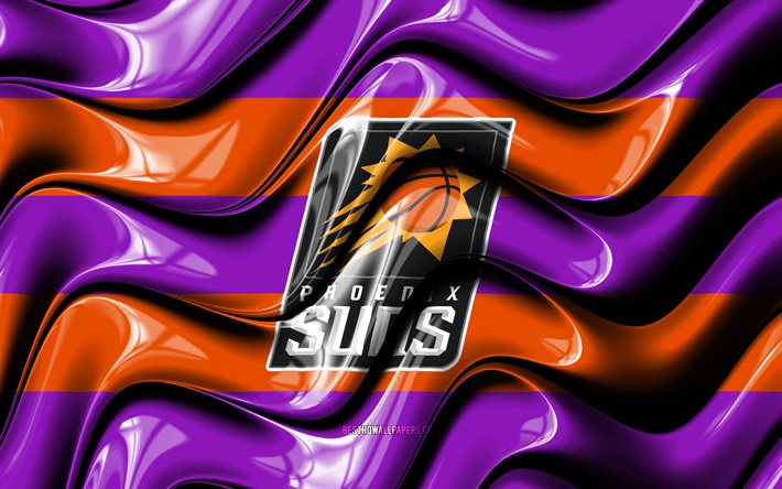 フェニックスサンズの旗, 4k, 紫とオレンジの3D波, NBA, アメリカのバスケットボールチーム, フェニックスサンズのロゴ, バスケットボール, フェニックスサンズ