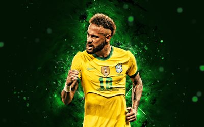 Neymar, 2021, Brazil National Team, 4k, soccer, footballers, green neon lights, Neymar da Silva Santos Junior, Neymar Jr, Brazilian football team, Neymar 4K