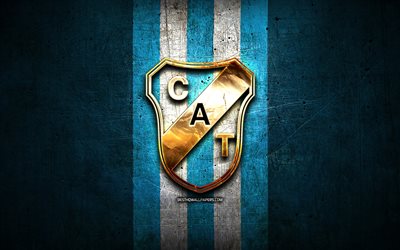 Temperley FC, golden logo, Primera Nacional, blue metal background, football, argentinian football club, CA Temperley logo, soccer, CA Temperley, Argentina, Club Atletico Temperley