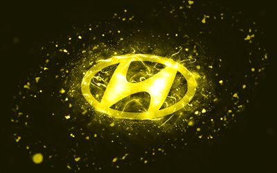 Hyundai yellow logo, 4k, yellow neon lights, creative, yellow abstract background, Hyundai logo, cars brands, Hyundai