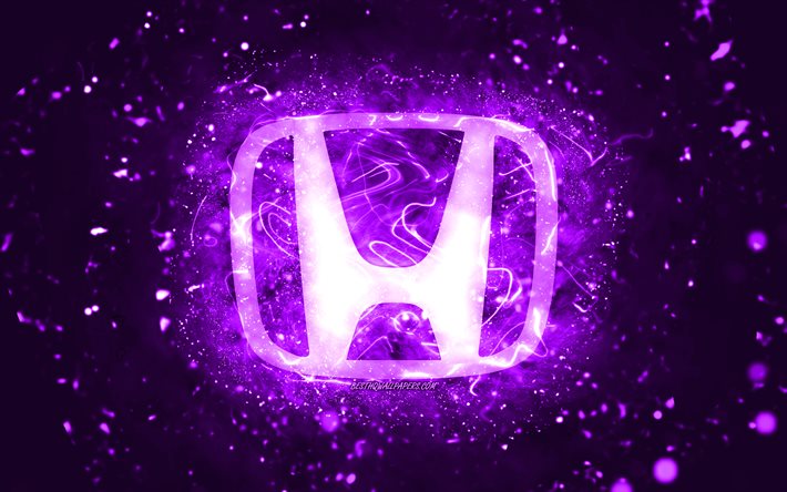 Honda violet logo, 4k, violet neon lights, creative, violet abstract background, Honda logo, cars brands, Honda