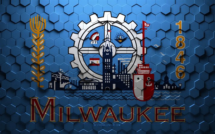 Flagga Milwaukee, bikakekonst, Milwaukee hexagons flagga, Milwaukee, 3d hexagons art, Milwaukee flagga