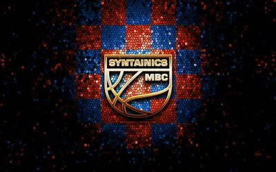 Syntainics MBC, logo glitterato, BBL, sfondo a scacchi blu arancio, basket, club di pallacanestro tedesco, logo Syntainics MBC, arte del mosaico, Bundesliga di basket