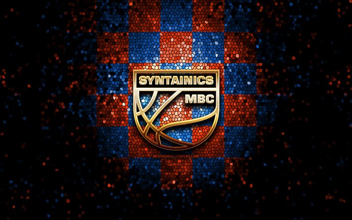 Syntainics MBC, キラキラロゴ, バレル, オレンジブルーの市松模様の背景, バスケットボール, ドイツのバスケットボールクラブ, SyntainicsMBCロゴ, モザイクアート, バスケットボールブンデスリーガ
