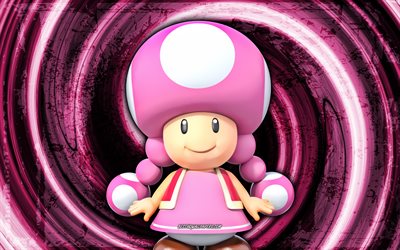 4k, Toadette, rosa grungebakgrund, virvel, Super Mario, tecknad flicka, Super Mario -karakt&#228;rer, Super Mario Bros, Toadette Super Mario