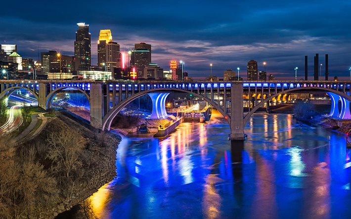 Minneapolis, Minnesota, noche, puente, r&#237;o Mississippi, paisaje urbano de Minneapolis, EE