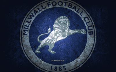 Millwall FC, English football team, blue background, Millwall FC logo, grunge art, EFL Championship, Bermondsey, football, England, Millwall FC emblem