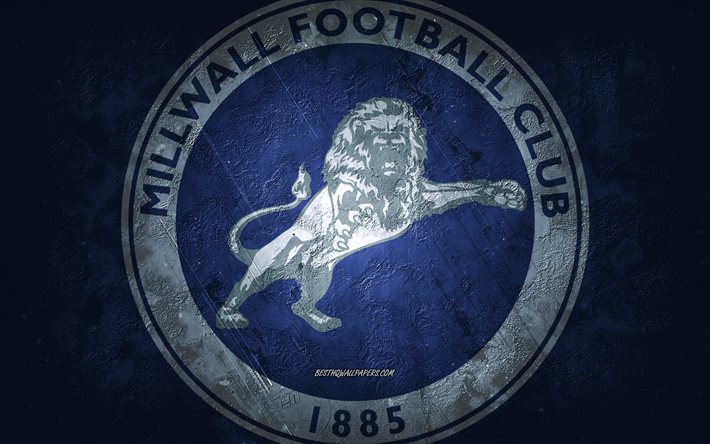 Millwall FC, equipo de f&#250;tbol ingl&#233;s, fondo azul, logotipo de Millwall FC, arte grunge, Campeonato de EFL, Bermondsey, f&#250;tbol, Inglaterra, emblema de Millwall FC