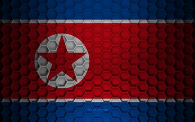 North Korea flag, 3d hexagons texture, North Korea, 3d texture, North Korea 3d flag, metal texture, flag of North Korea