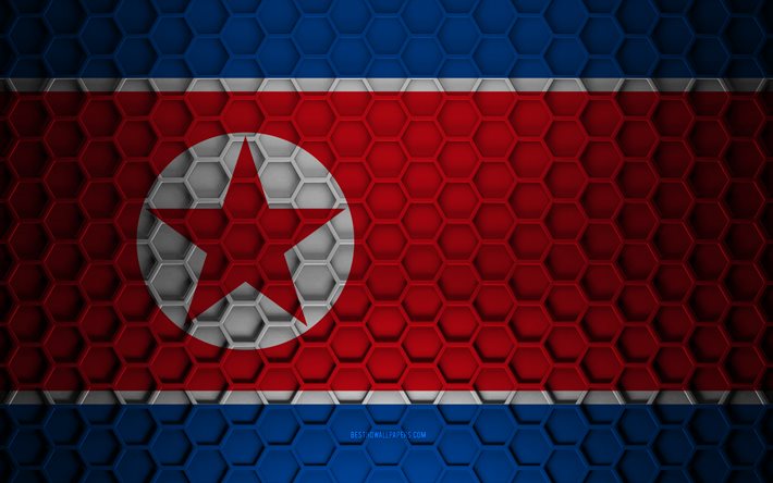 Bandiera della Corea del Nord, struttura di esagoni 3d, Corea del Nord, struttura 3d, bandiera della Corea del Nord 3d, struttura del metallo, bandiera della Corea del Nord