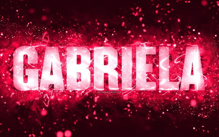 Joyeux anniversaire Gabriela, 4k, n&#233;ons roses, nom de Gabriela, cr&#233;atif, joyeux anniversaire de Gabriela, anniversaire de Gabriela, noms f&#233;minins am&#233;ricains populaires, photo avec le nom de Gabriela, Gabriela