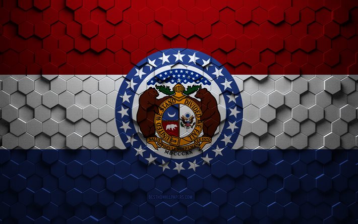 Bandeira de Missouri, arte do favo de mel, bandeira dos hex&#225;gonos do Missouri, Missouri, arte dos hex&#225;gonos 3D, bandeira do Missouri