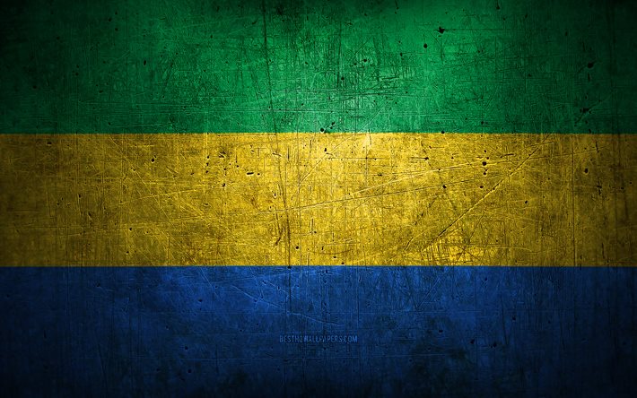 Drapeau gabonais en m&#233;tal, art grunge, pays africains, jour du Gabon, symboles nationaux, drapeau du Gabon, drapeaux en m&#233;tal, Afrique, drapeau gabonais, Gabon