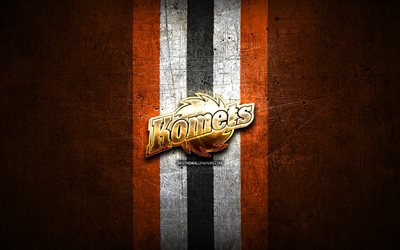 Fort Wayne Komets, logotipo dourado, ECHL, fundo laranja de metal, time americano de hóquei, logotipo do Fort Wayne Komets, hóquei
