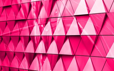 ピンクの3D三角形の背景, 4k, ピンクの3D背景, ガラスの三角形, 創造的な3dピンクの背景, ピンクの3Dガラスの三角形