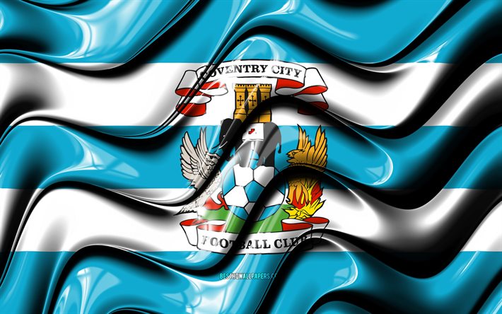 Coventry City FC bayrağı, 4k, mavi ve beyaz 3D dalgalar, EFL Şampiyonası, İngiliz Futbol Kul&#252;b&#252;, futbol, Coventry City FC logosu, Coventry City FC, FC Coventry City