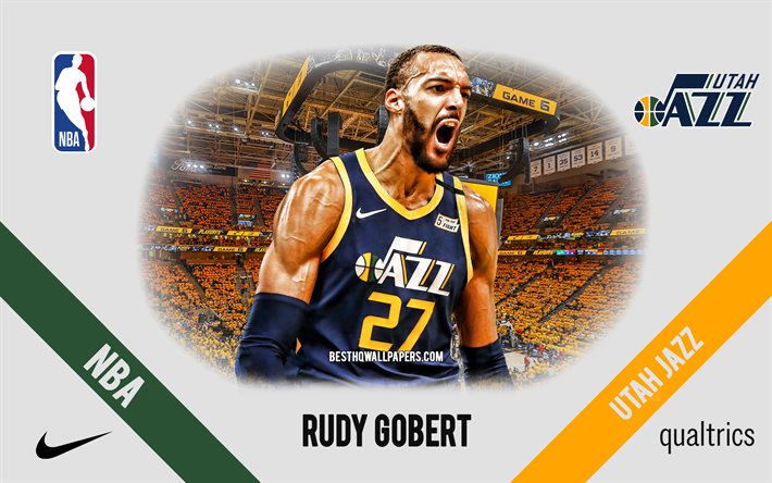 Rudy Gobert, Utah Jazz, joueur de basket-ball fran&#231;ais, NBA, portrait, USA, basket-ball, Vivint Arena, logo Utah Jazz