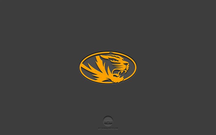 Missouri Tigers, sfondo grigio, squadra di football Americano, emblema dei Missouri Tigers, NCAA, Missouri, USA, football Americano, logo dei Missouri Tigers