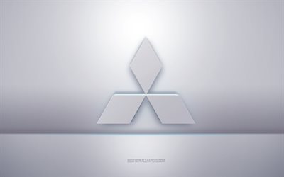 Mitsubishi 3d beyaz logo, gri arka plan, Mitsubishi logosu, yaratıcı 3d sanat, Mitsubishi, 3d amblem