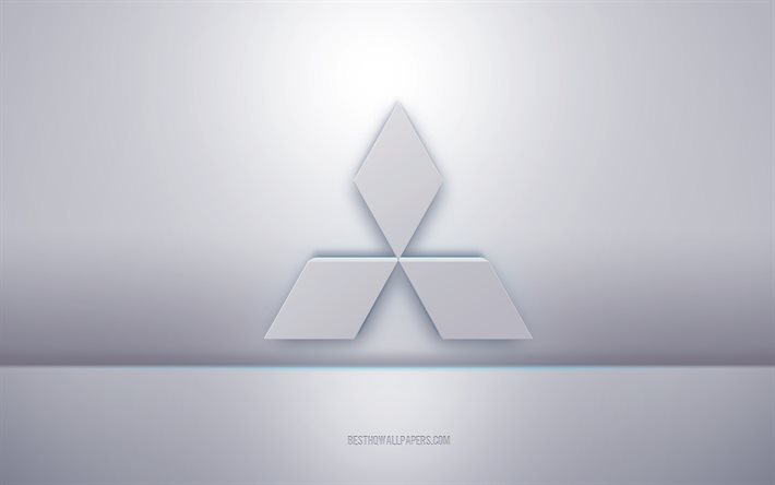 Mitsubishi 3d logo bianco, sfondo grigio, logo Mitsubishi, arte creativa 3d, Mitsubishi, emblema 3d