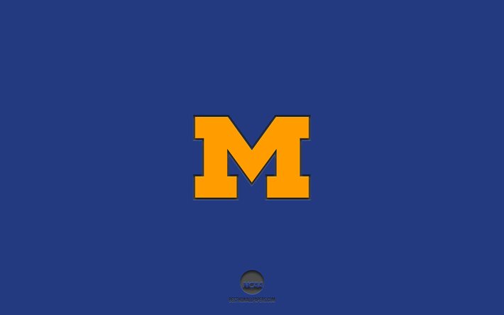 Michigan Wolverines, fundo azul, time de futebol americano, emblema do Michigan Wolverines, NCAA, Michigan, EUA, futebol americano, logotipo do Michigan Wolverines