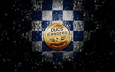 Ducs Dangers, parıltılı logo, Ligue Magnus, mavi beyaz damalı arka plan, hokey, fransız hokey takımı, Ducs Dangers logosu, mozaik sanatı, fransız hokey ligi, Fransa