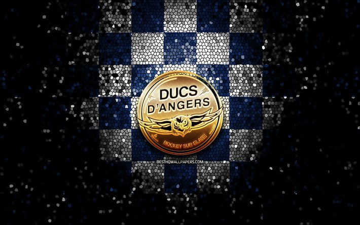 Ducs DAngers, glitter logo, Ligue Magnus, blue white checkered background, hockey, french hockey team, Ducs DAngers logo, mosaic art, french hockey league, France