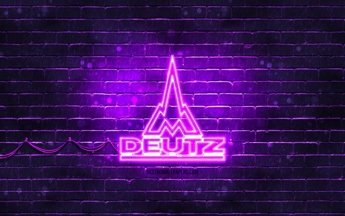 Deutz-Fahr violett logotyp, 4k, violett tegelv&#228;gg, Deutz-Fahr-logotyp, m&#228;rken, Deutz-Fahr neonlogotyp, Deutz-Fahr