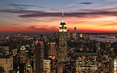 New York City, Manhattan, evening, sunset, New York panorama, Empire State Building, skyscrapers, modern buildings, New York, USA, New York cityscape